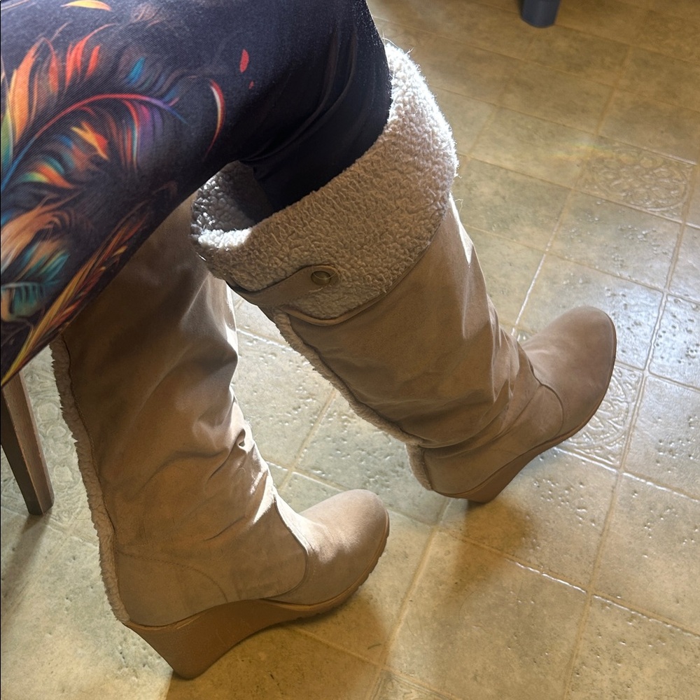 Cozy Beige Wedge Boots